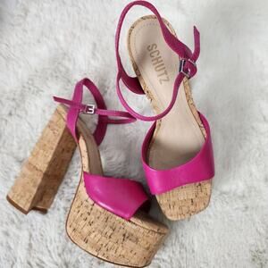 NEW Schutz Glayce Barbie Hot Pink Leather Retro Cork Platform Sandals